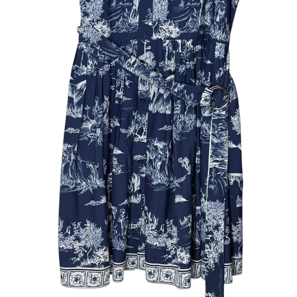 Eshakti Toile Print Crepe Belted Shirt Dress Size 2X Blue Pastoral Horse Novelty - Picture 8 of 16